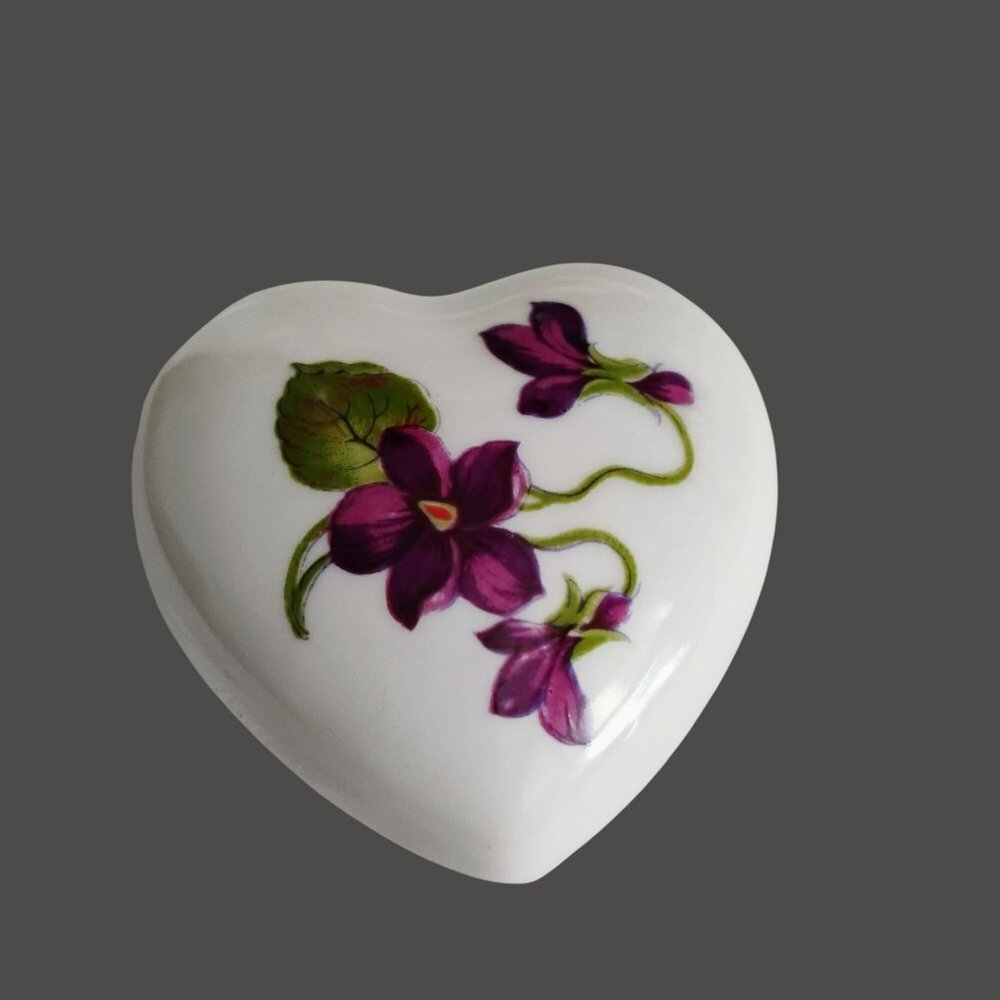 Heart-Shaped Ceramic Trinket Box With Hand Painted Violet Flowers, Signed RS